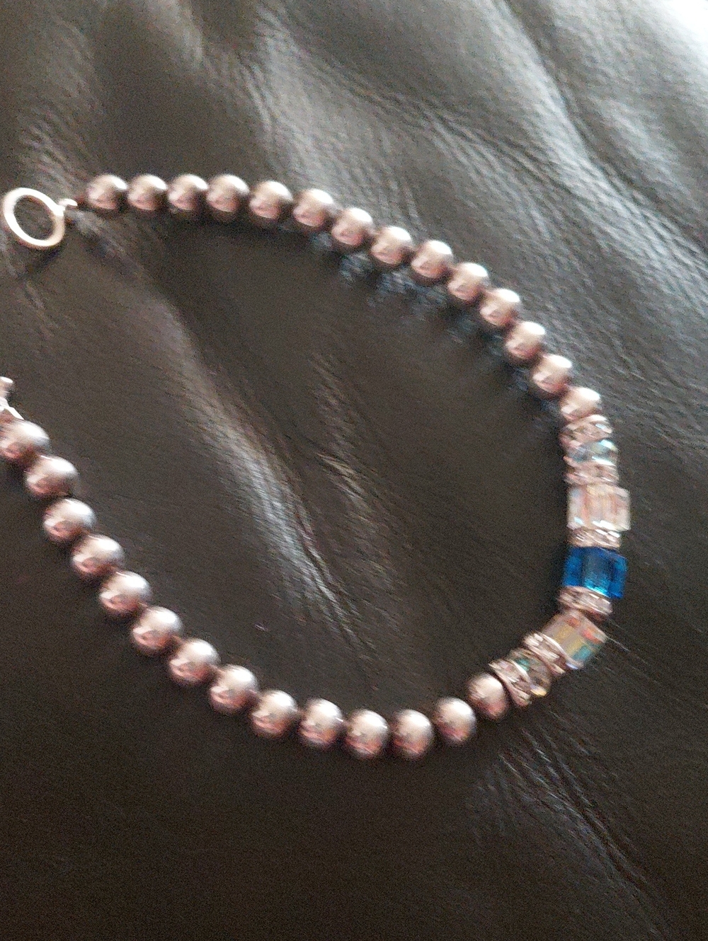Silver Beaded Bracelet with Blue Crystal Accent